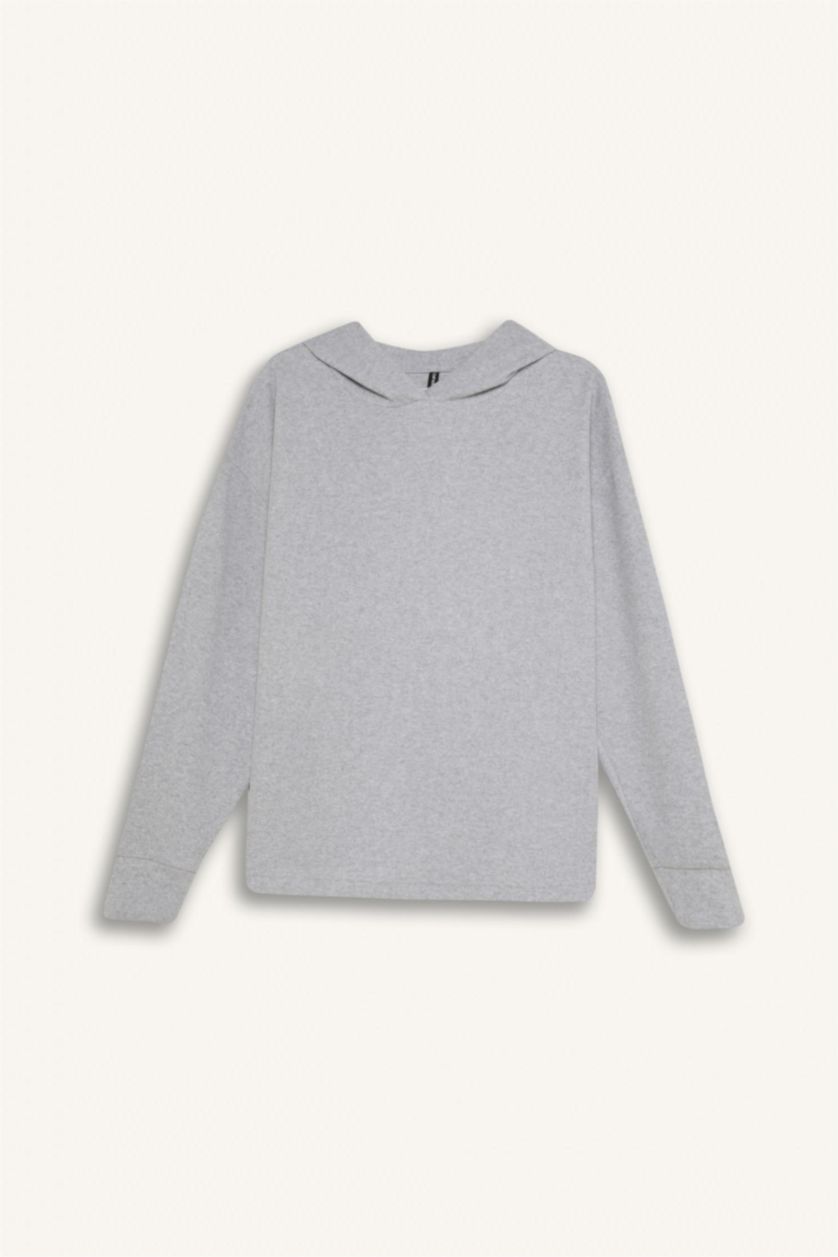 WOMAN Grey Melange Relax Fit Hooded Casual Basic Sweatshirt