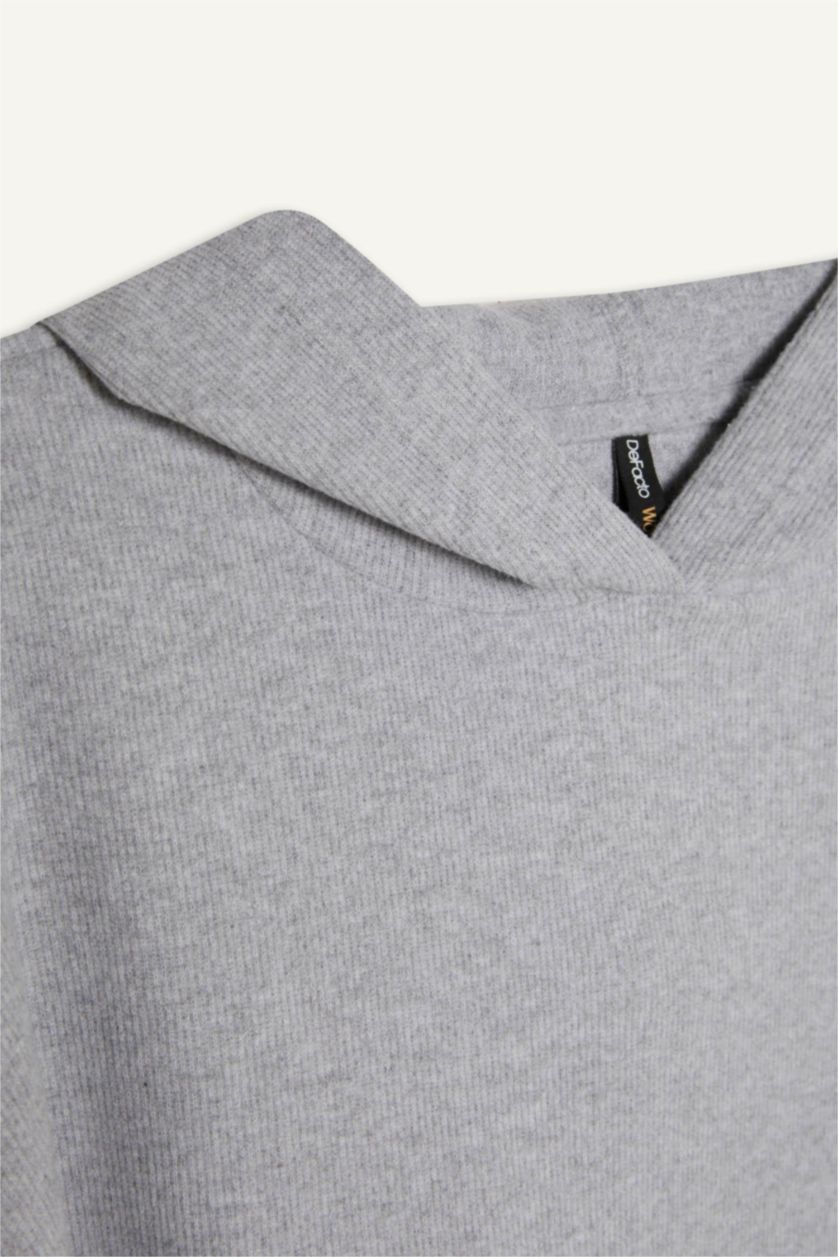 WOMAN Grey Melange Relax Fit Hooded Casual Basic Sweatshirt