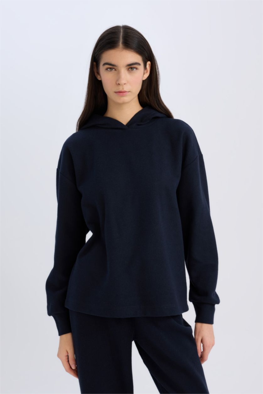 Kadın Lacivert Relax Fit Kapüşonlu  Basic Düz Sweatshirt
