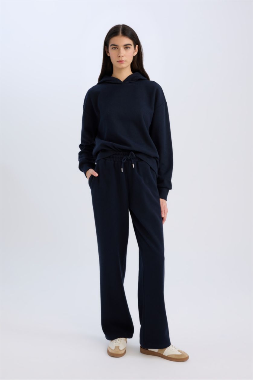 Kadın Lacivert Relax Fit Kapüşonlu  Basic Düz Sweatshirt