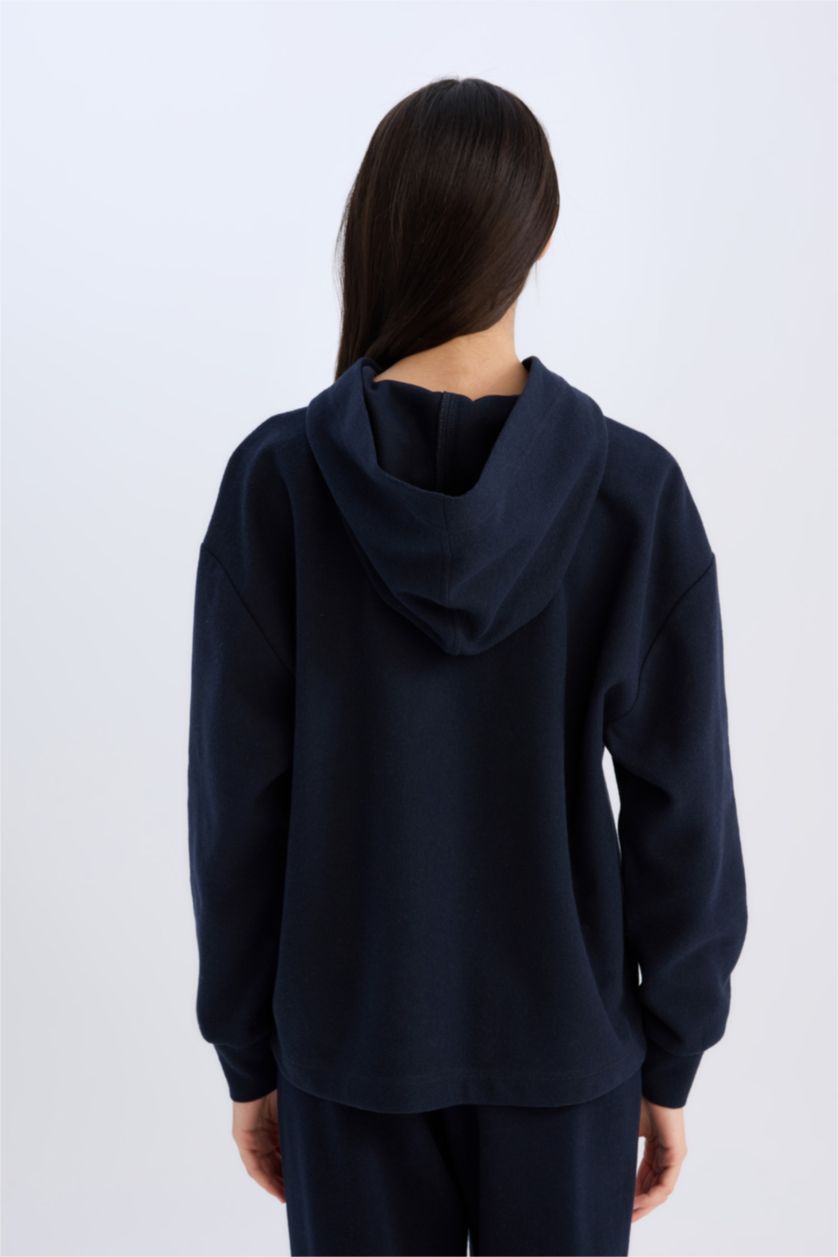 Kadın Lacivert Relax Fit Kapüşonlu  Basic Düz Sweatshirt