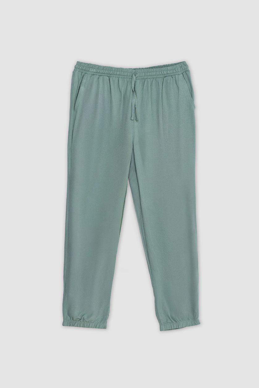 WOMAN Light Green Jogger Fit Regular Waist Ankle Length Viscose Trousers