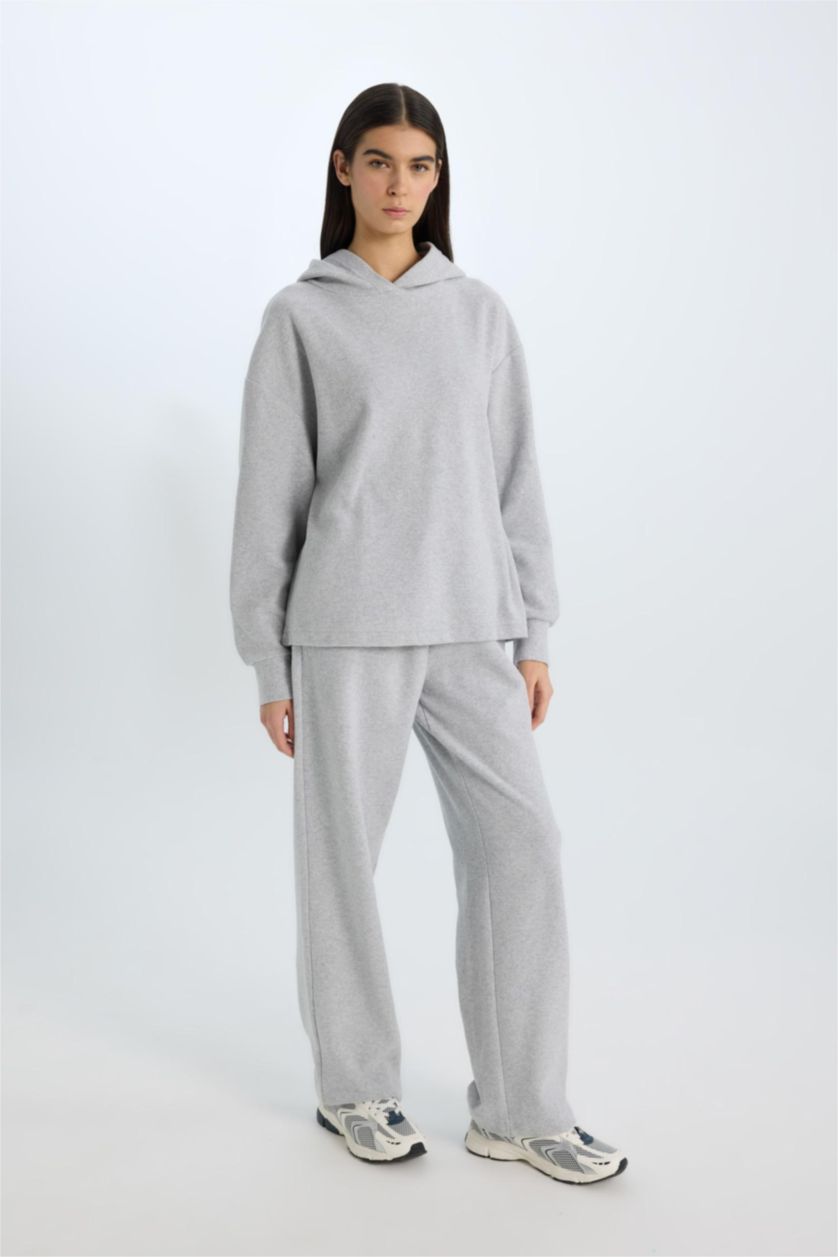 Kadın Gri Melanj Wide Leg Kışlık Pantolon Geniş Bol Paça Beli Lastikli Bağcıklı Basic Düz Cepli