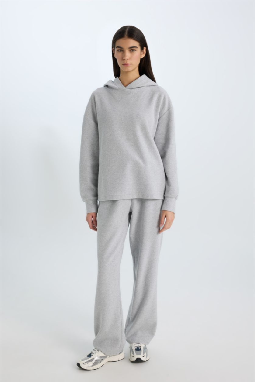 Kadın Gri Melanj Wide Leg Kışlık Pantolon Geniş Bol Paça Beli Lastikli Bağcıklı Basic Düz Cepli