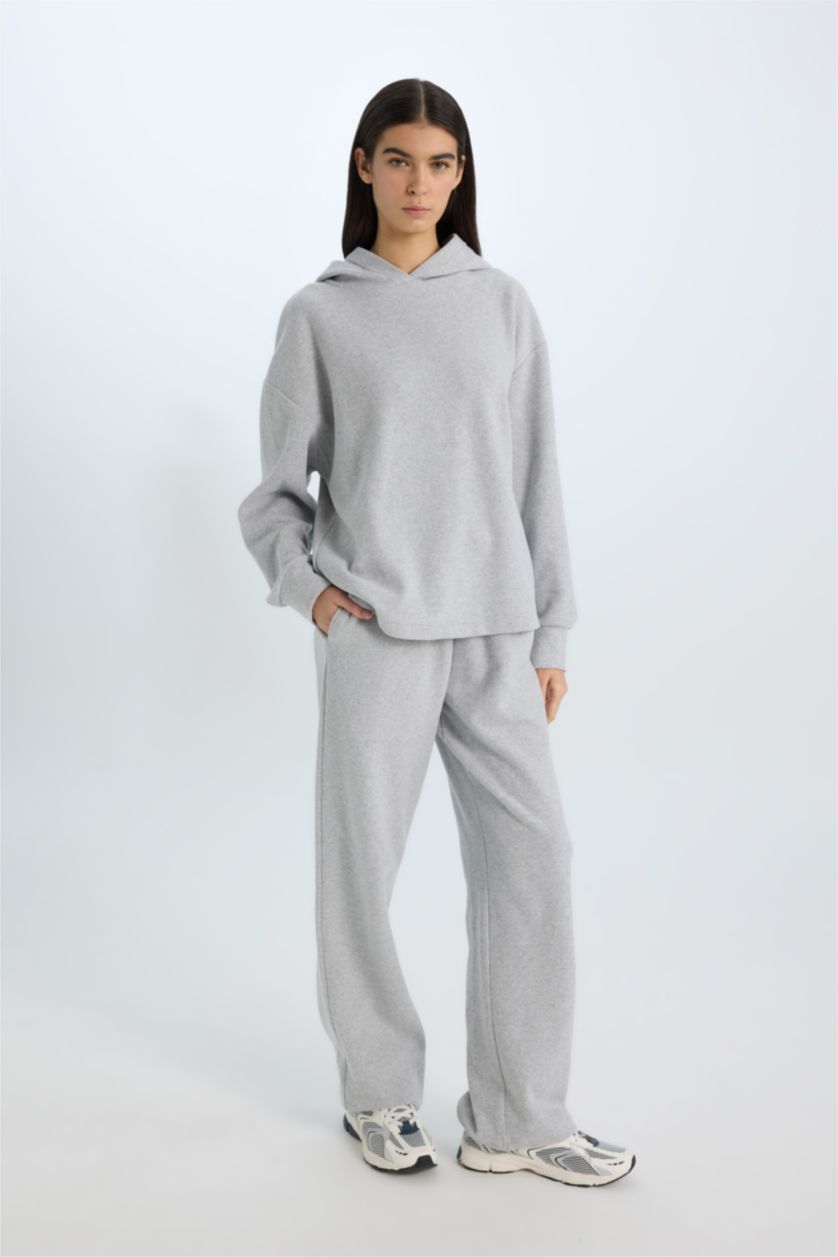 Kadın Gri Melanj Wide Leg Kışlık Pantolon Geniş Bol Paça Beli Lastikli Bağcıklı Basic Düz Cepli