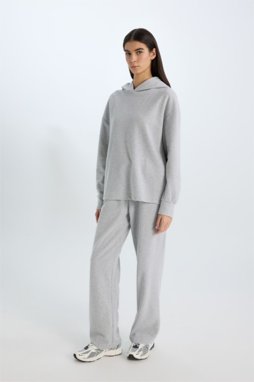 Kadın Gri Melanj Wide Leg Kışlık Pantolon Geniş Bol Paça Beli Lastikli Bağcıklı Basic Düz Cepli