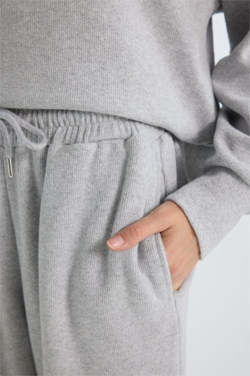 Kadın Gri Melanj Wide Leg Kışlık Pantolon Geniş Bol Paça Beli Lastikli Bağcıklı Basic Düz Cepli