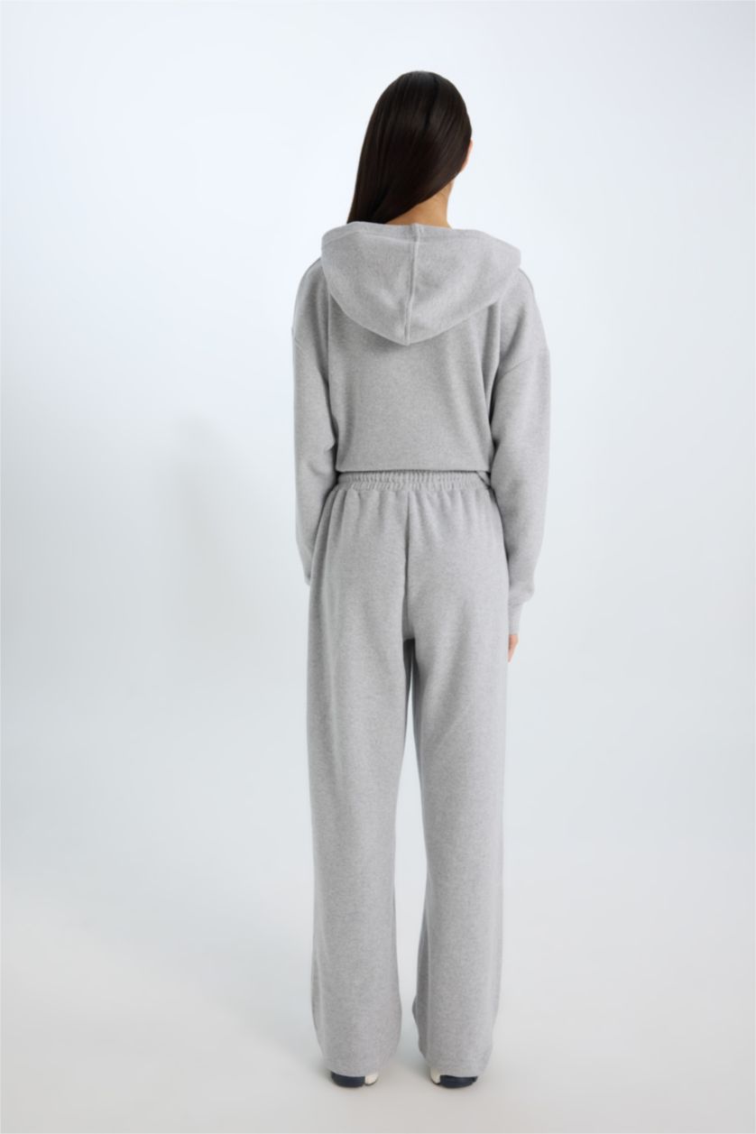 Kadın Gri Melanj Wide Leg Kışlık Pantolon Geniş Bol Paça Beli Lastikli Bağcıklı Basic Düz Cepli