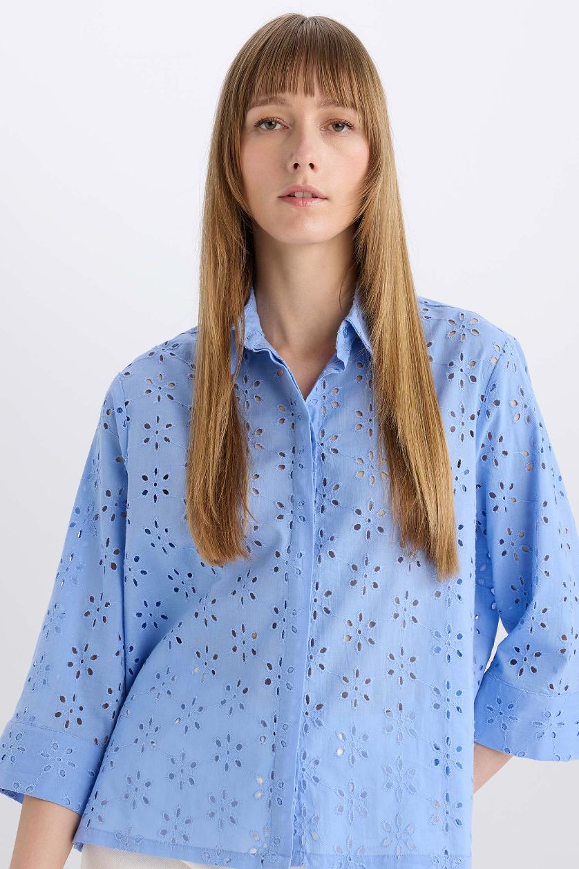 WOMAN Blue Regular Fit Shirt Collar brode Long Sleeve Shirt