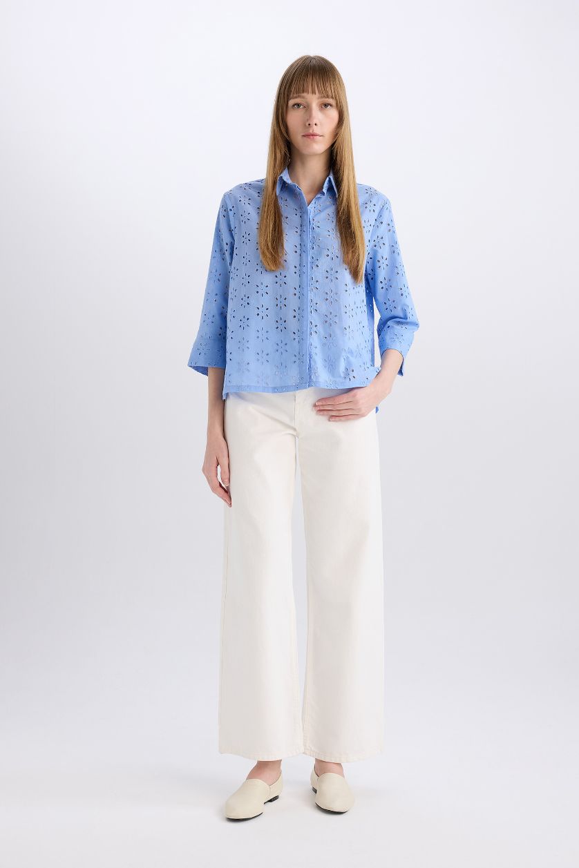 WOMAN Blue Regular Fit Shirt Collar brode Long Sleeve Shirt