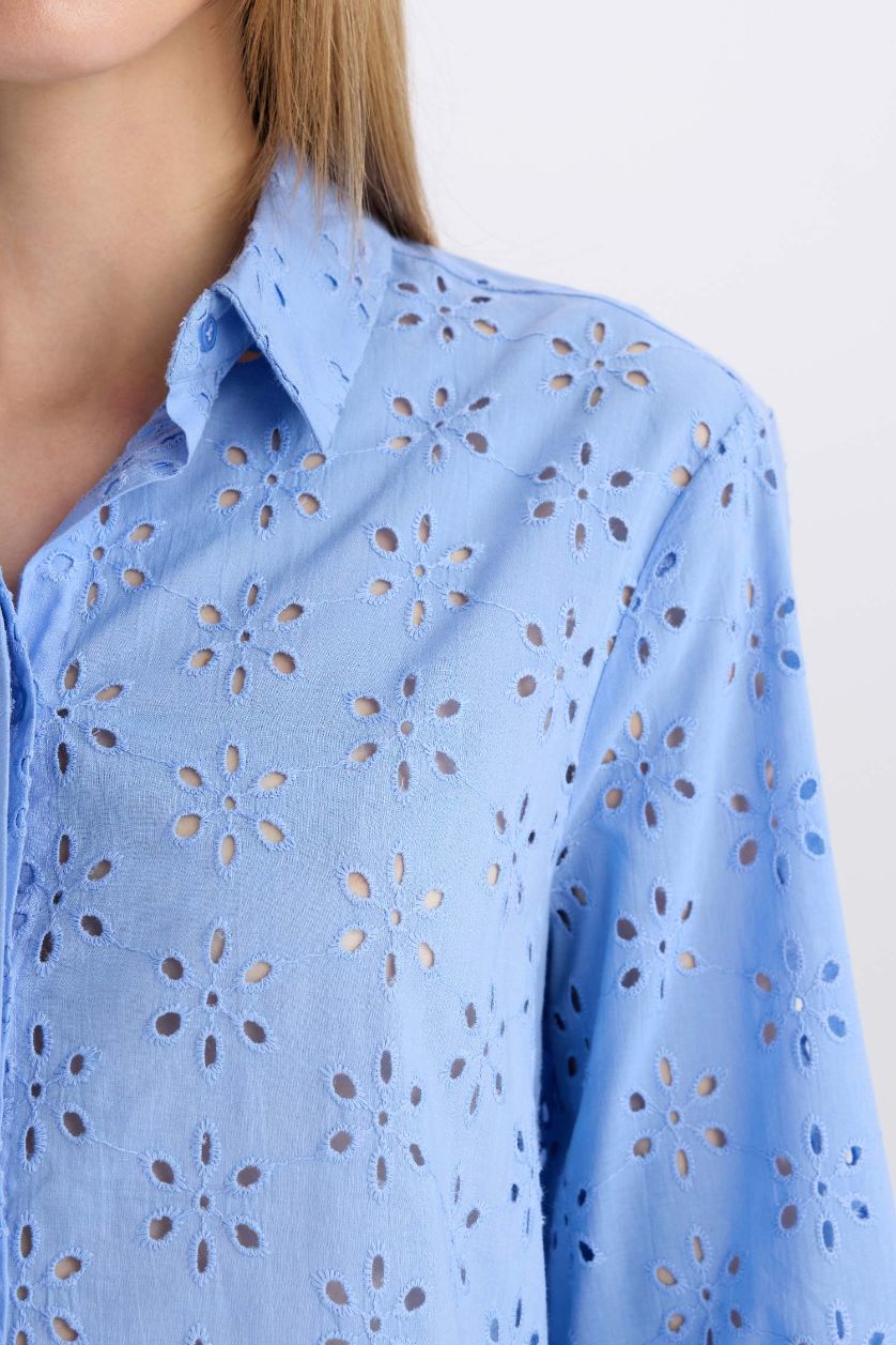 WOMAN Blue Regular Fit Shirt Collar brode Long Sleeve Shirt