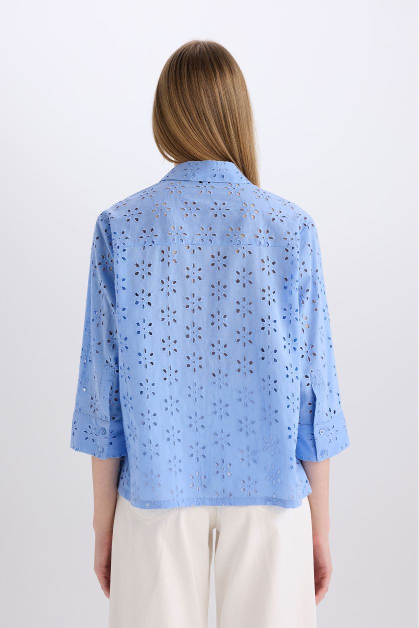 WOMAN Blue Regular Fit Shirt Collar brode Long Sleeve Shirt