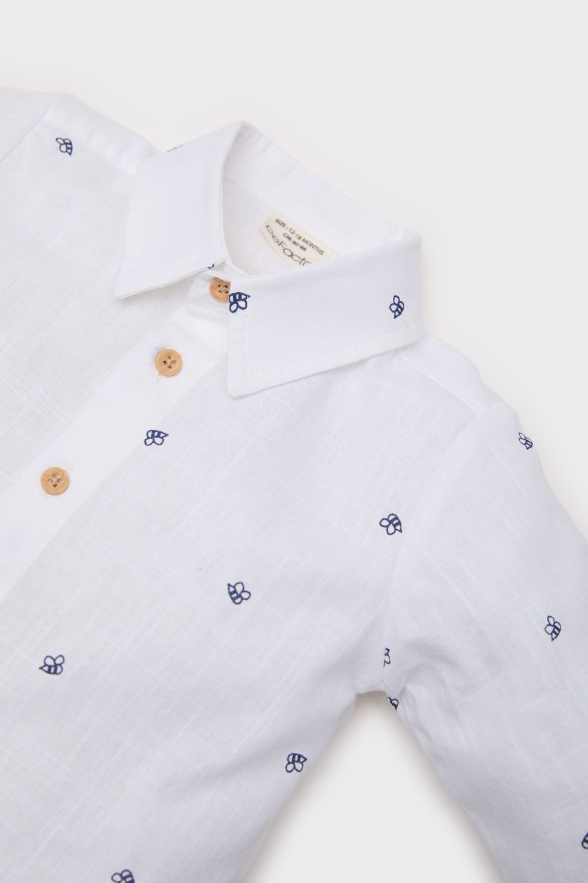 Erkek Bebek Ekru Desenli Flamlı Poplin Uzun Kollu Gömlek Erkek Bebek