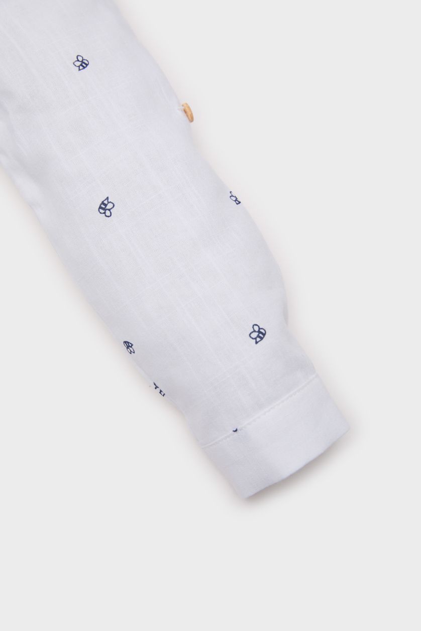 Erkek Bebek Ekru Desenli Flamlı Poplin Uzun Kollu Gömlek Erkek Bebek