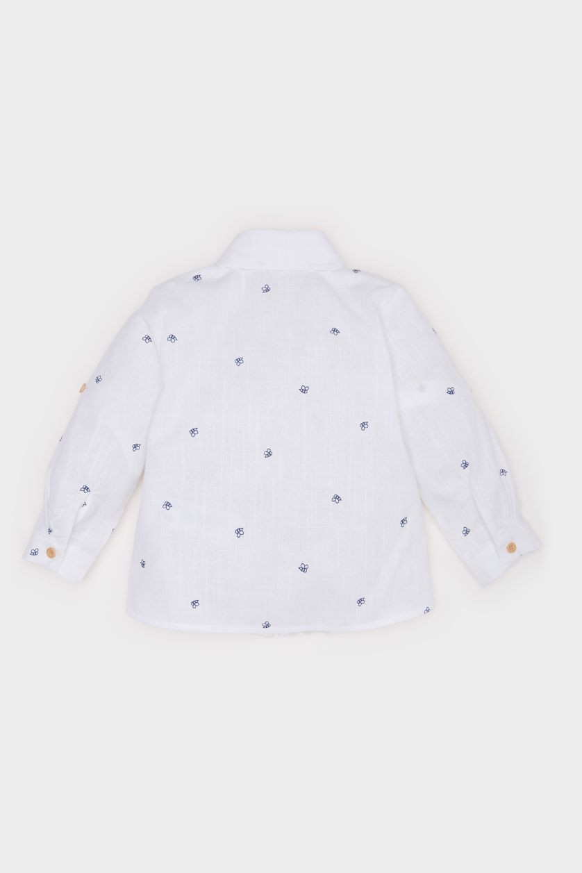 Erkek Bebek Ekru Desenli Flamlı Poplin Uzun Kollu Gömlek Erkek Bebek