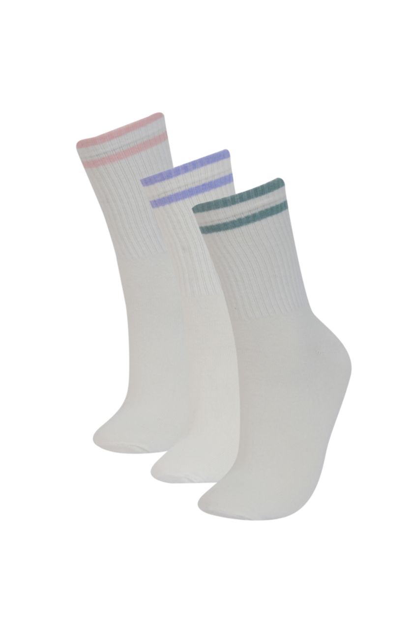 Kadın Beyaz Kadın Rahat Lastikli 3'lü Pamuklu Uzun Çorap