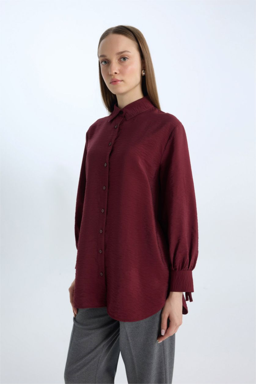Woman Bordeaux Relax Fit Shirt Collar Basic Long Sleeve Shirt Tunic
