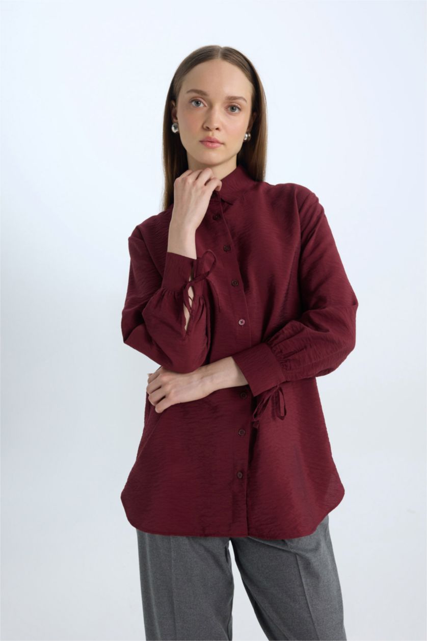 Woman Bordeaux Relax Fit Shirt Collar Basic Long Sleeve Shirt Tunic