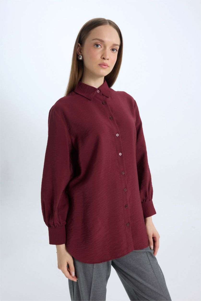Woman Bordeaux Relax Fit Shirt Collar Basic Long Sleeve Shirt Tunic