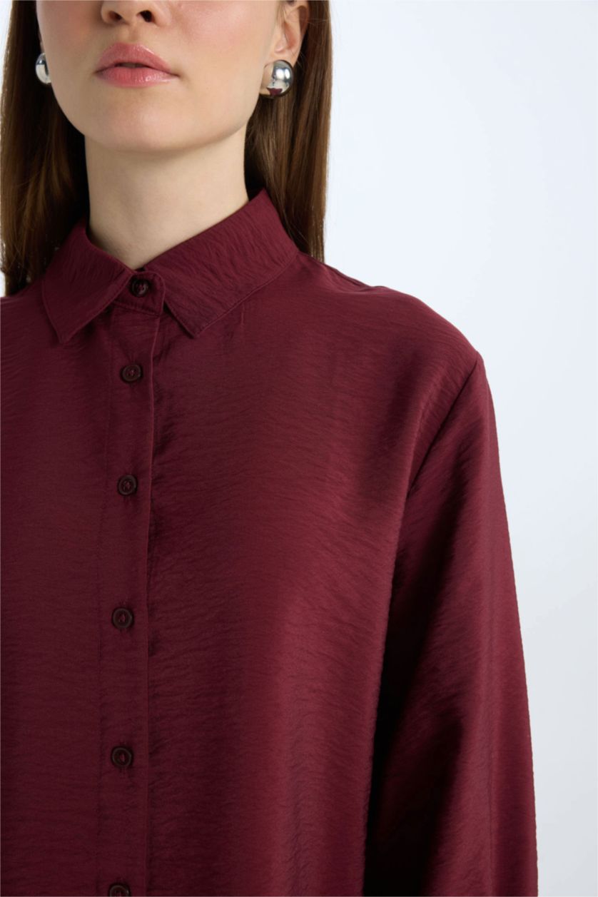 Woman Bordeaux Relax Fit Shirt Collar Basic Long Sleeve Shirt Tunic