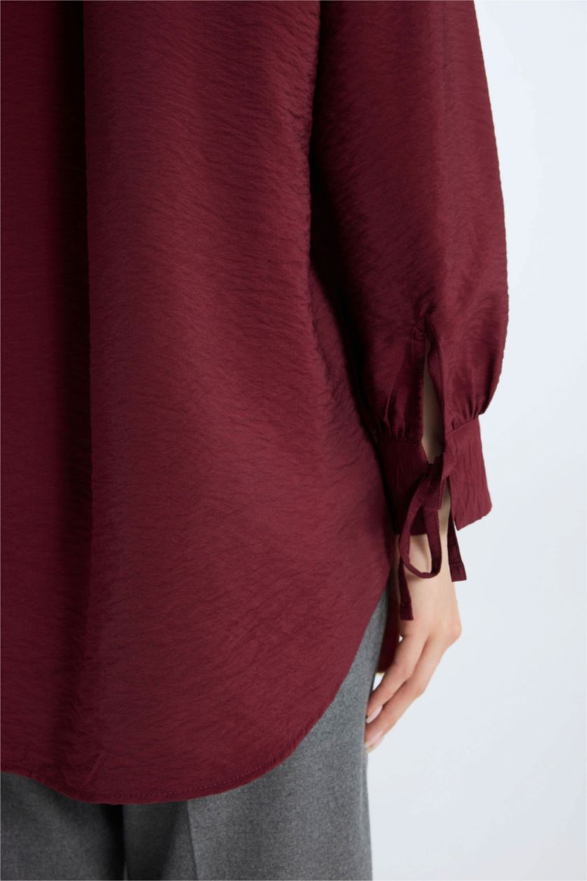 Woman Bordeaux Relax Fit Shirt Collar Basic Long Sleeve Shirt Tunic