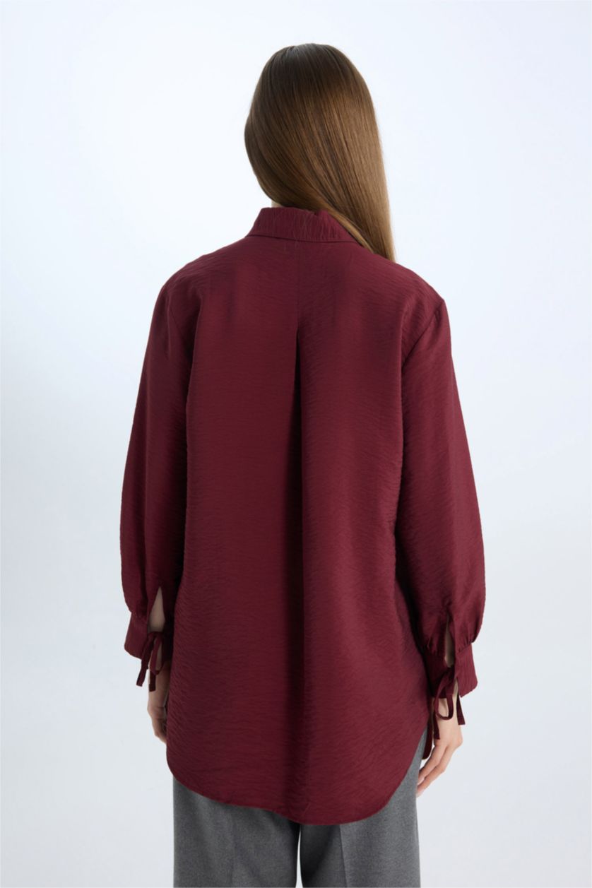 Woman Bordeaux Relax Fit Shirt Collar Basic Long Sleeve Shirt Tunic