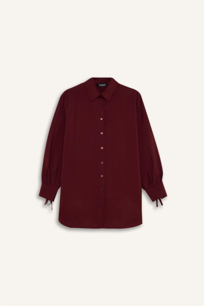 Woman Bordeaux Relax Fit Shirt Collar Basic Long Sleeve Shirt Tunic