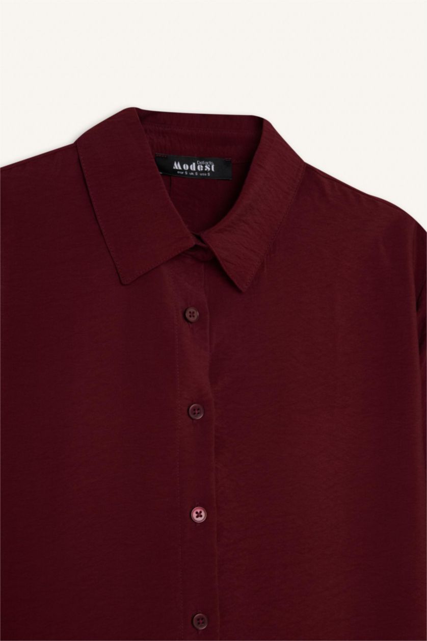 Woman Bordeaux Relax Fit Shirt Collar Basic Long Sleeve Shirt Tunic