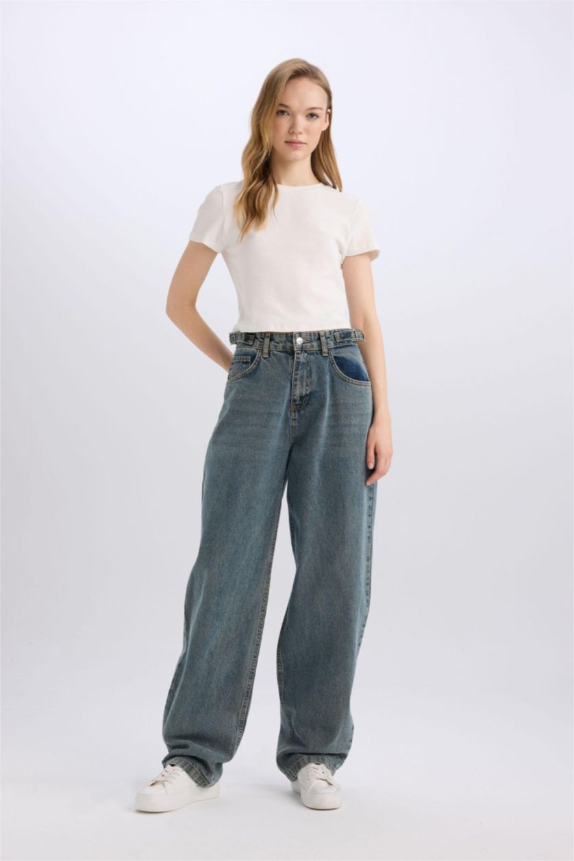 FEMME Bleu Foncé Pantalon Jean Baggy taille haute délavé