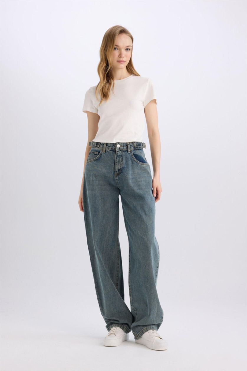 FEMME Bleu Foncé Pantalon Jean Baggy taille haute délavé