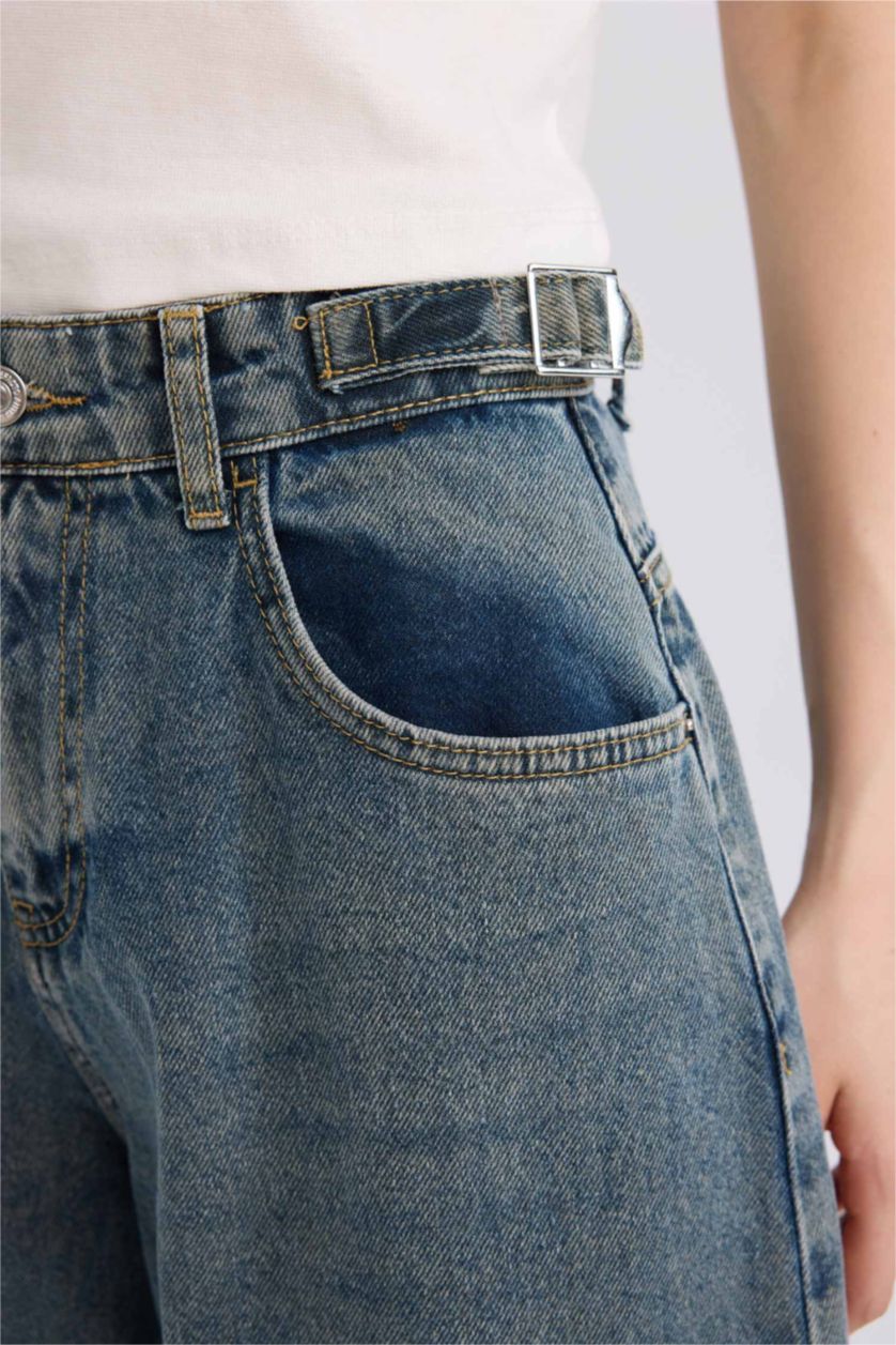 FEMME Bleu Foncé Pantalon Jean Baggy taille haute délavé