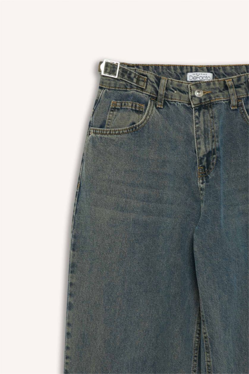 FEMME Bleu Foncé Pantalon Jean Baggy taille haute délavé