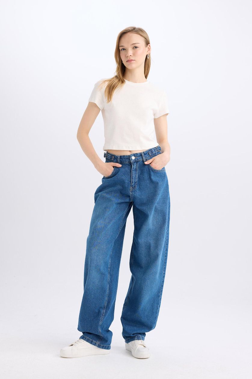 WOMAN Dark Blue Baggy Fit High Waist Long Washed Jeans