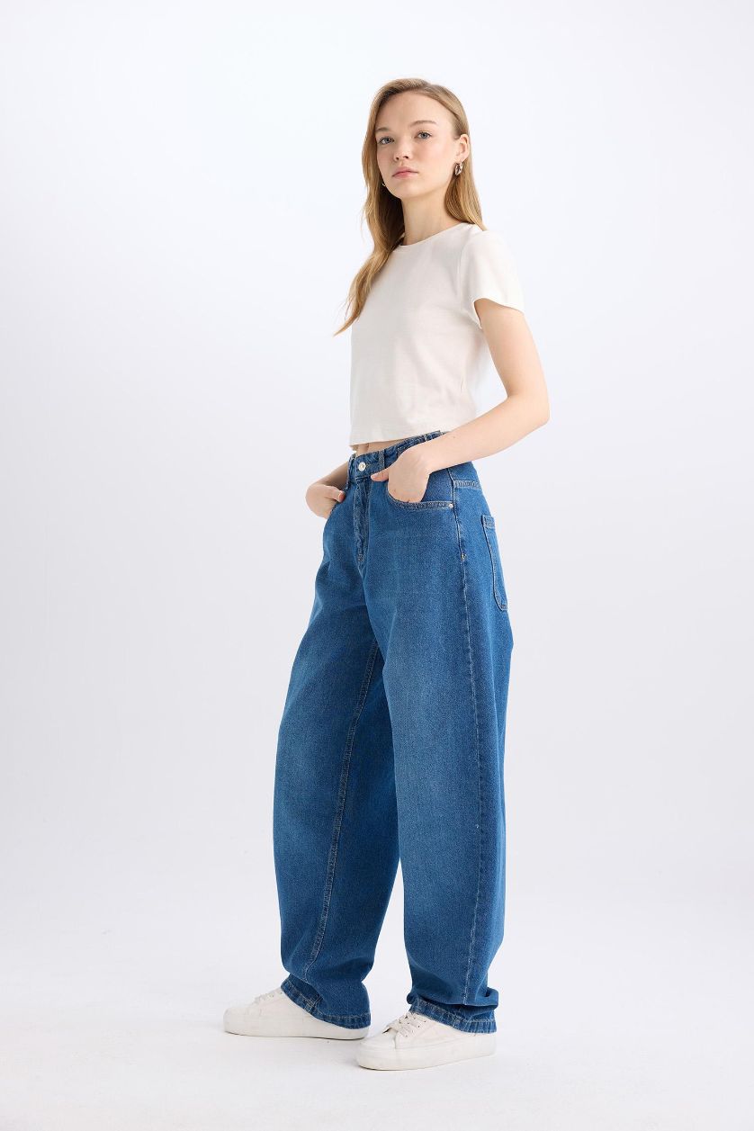 WOMAN Dark Blue Baggy Fit High Waist Long Washed Jeans