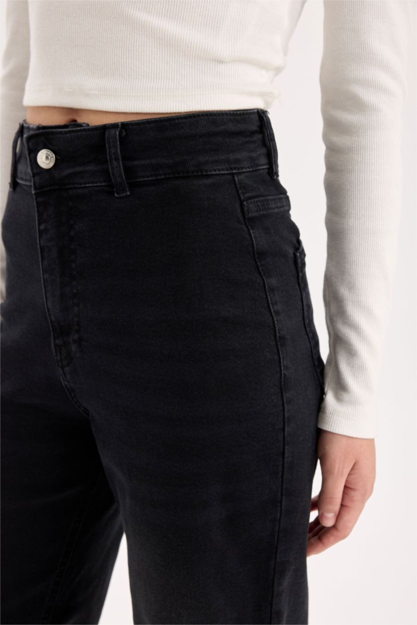 Kadın Siyah Culotte Yüksek Bel Uzun Jean Pantolon