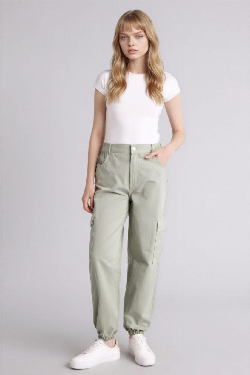 WOMAN Green High Waist Standard Length Gabardine Cargo Pants