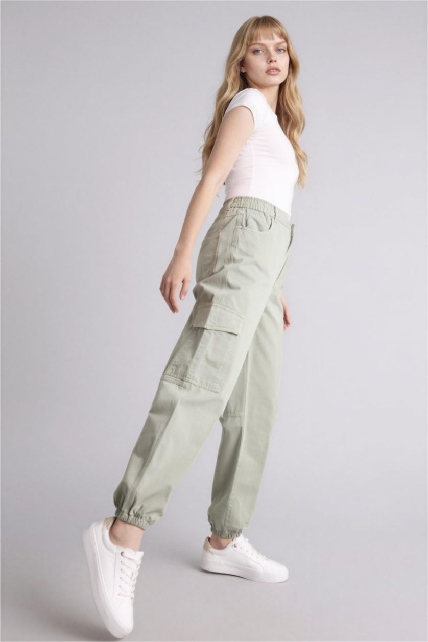 WOMAN Green High Waist Standard Length Gabardine Cargo Pants