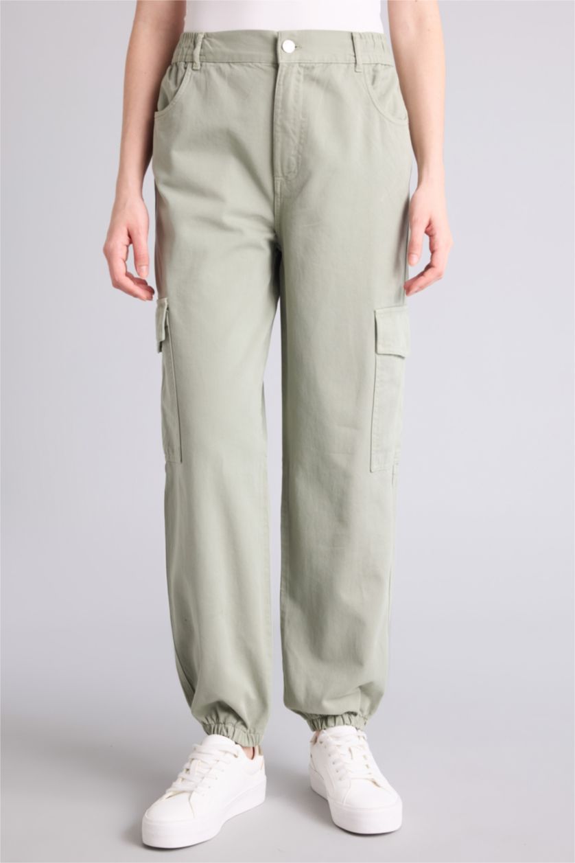 WOMAN Green High Waist Standard Length Gabardine Cargo Pants