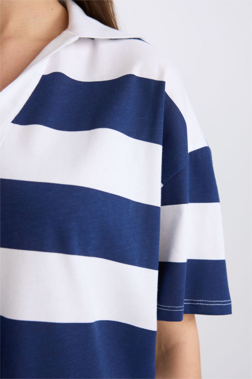 نساء كحلي تيشيرت بولو نص كم مخطط قصة مريحة