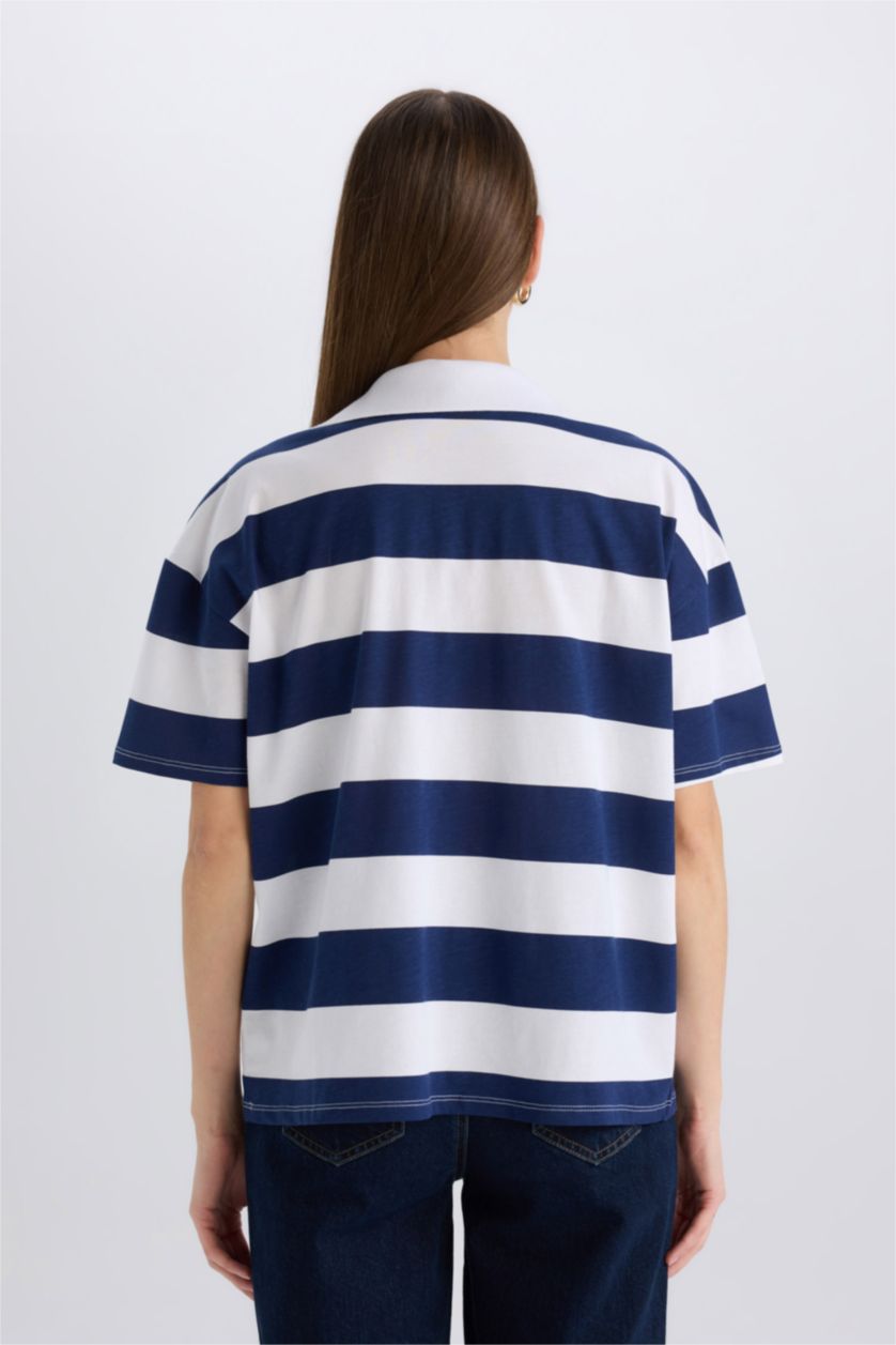 نساء كحلي تيشيرت بولو نص كم مخطط قصة مريحة