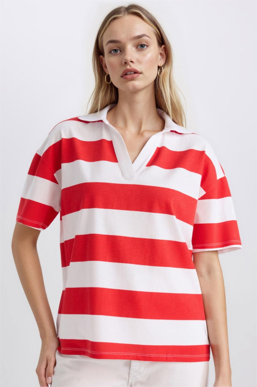 Kadın Kırmızı Relax Fıt Penye Kısa Kollu Polo Tişört