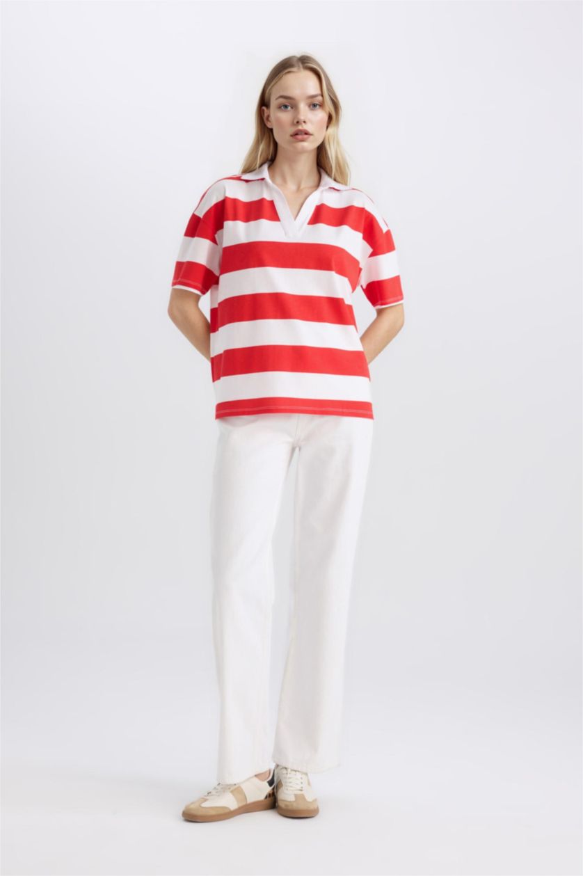 Kadın Kırmızı Relax Fıt Penye Kısa Kollu Polo Tişört