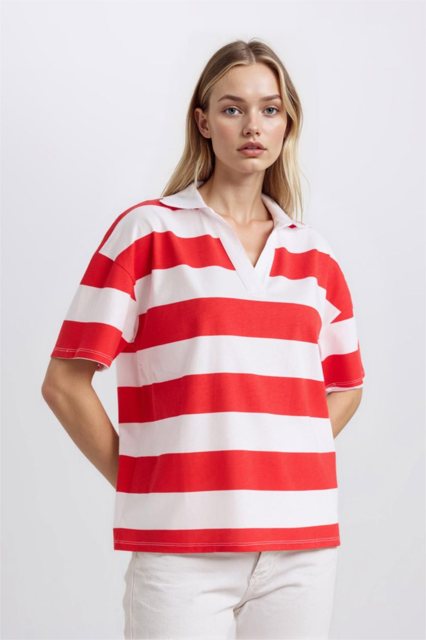 Kadın Kırmızı Relax Fıt Penye Kısa Kollu Polo Tişört