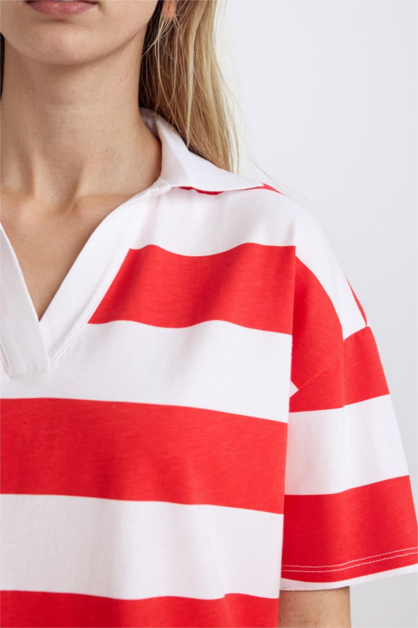 Kadın Kırmızı Relax Fıt Penye Kısa Kollu Polo Tişört