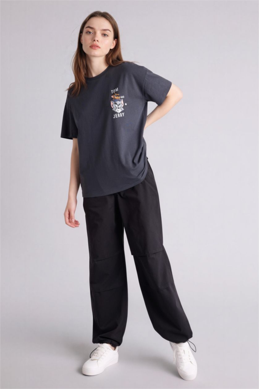 Kadın Siyah Paraşüt Normal Bel Standart Boy Gabardin Pantolon