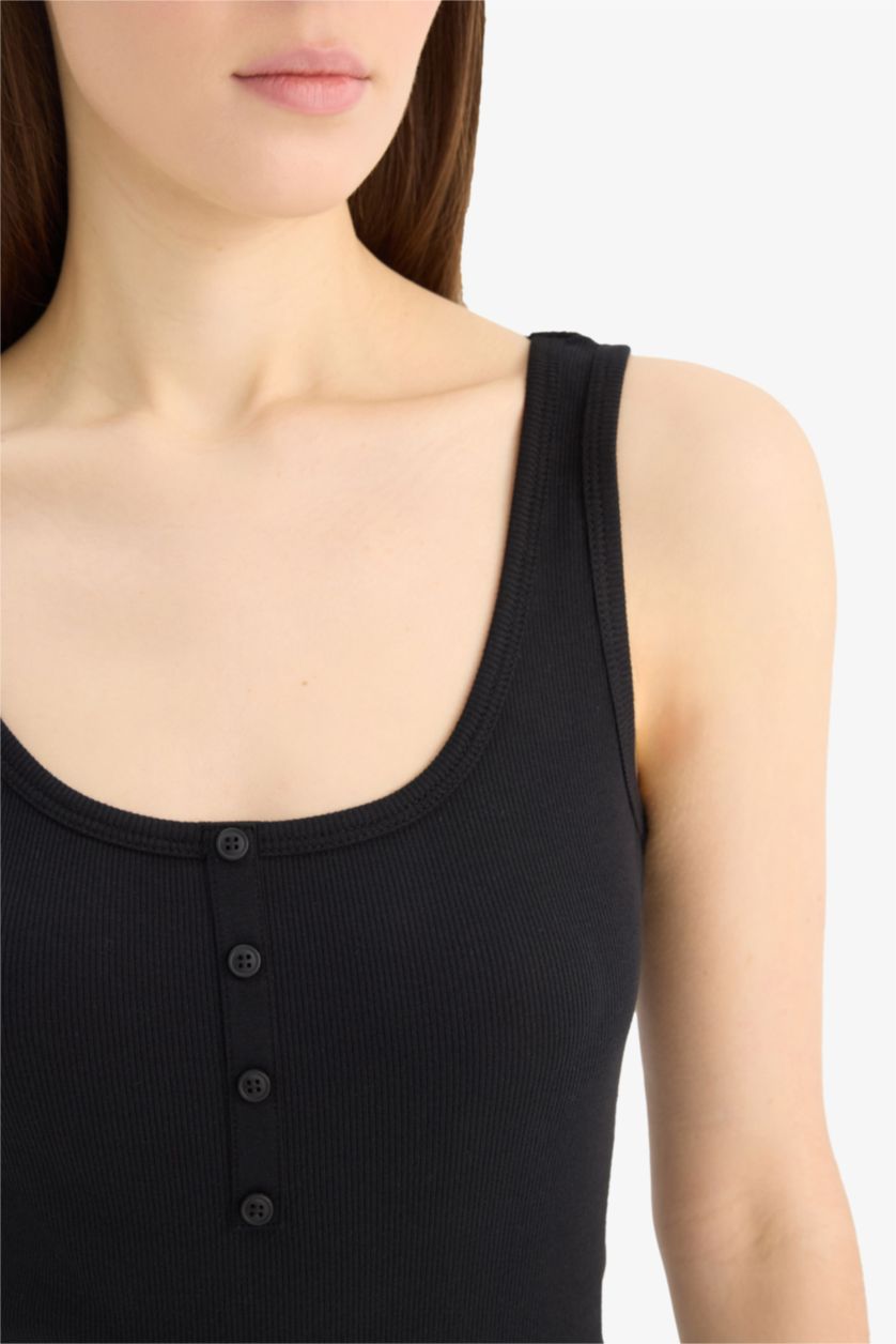 Kadın Siyah Slım Fıt Kare Yaka Fitilli Kaşkorse Atlet