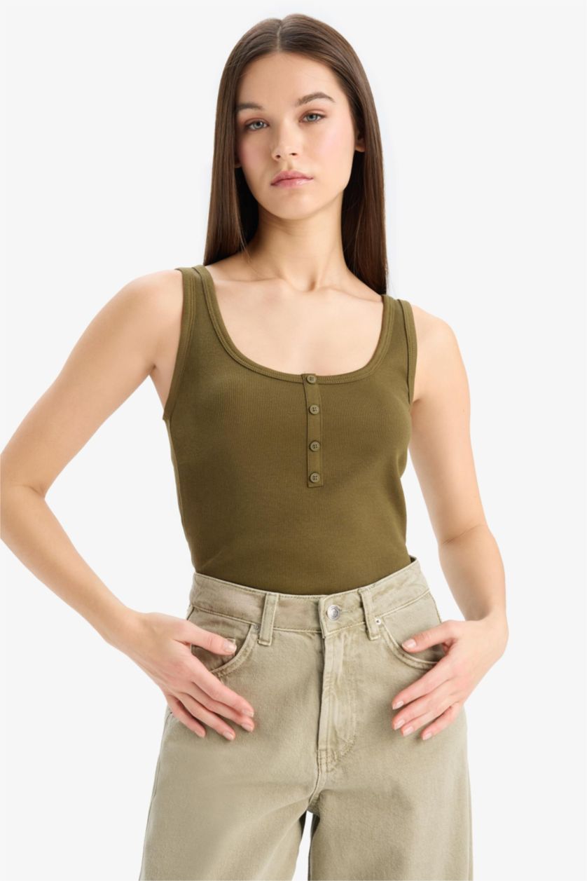 Woman Dark Khaki Slim Fit Camisole Square Collar Tank Top