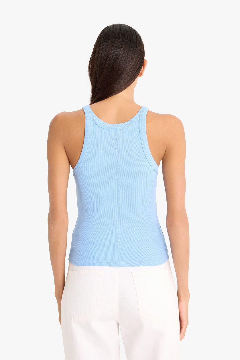 Kadın Mavi Slim Fit Dar Kesim Halter Yaka Basic Düz Fitilli Kaşkorse Atlet