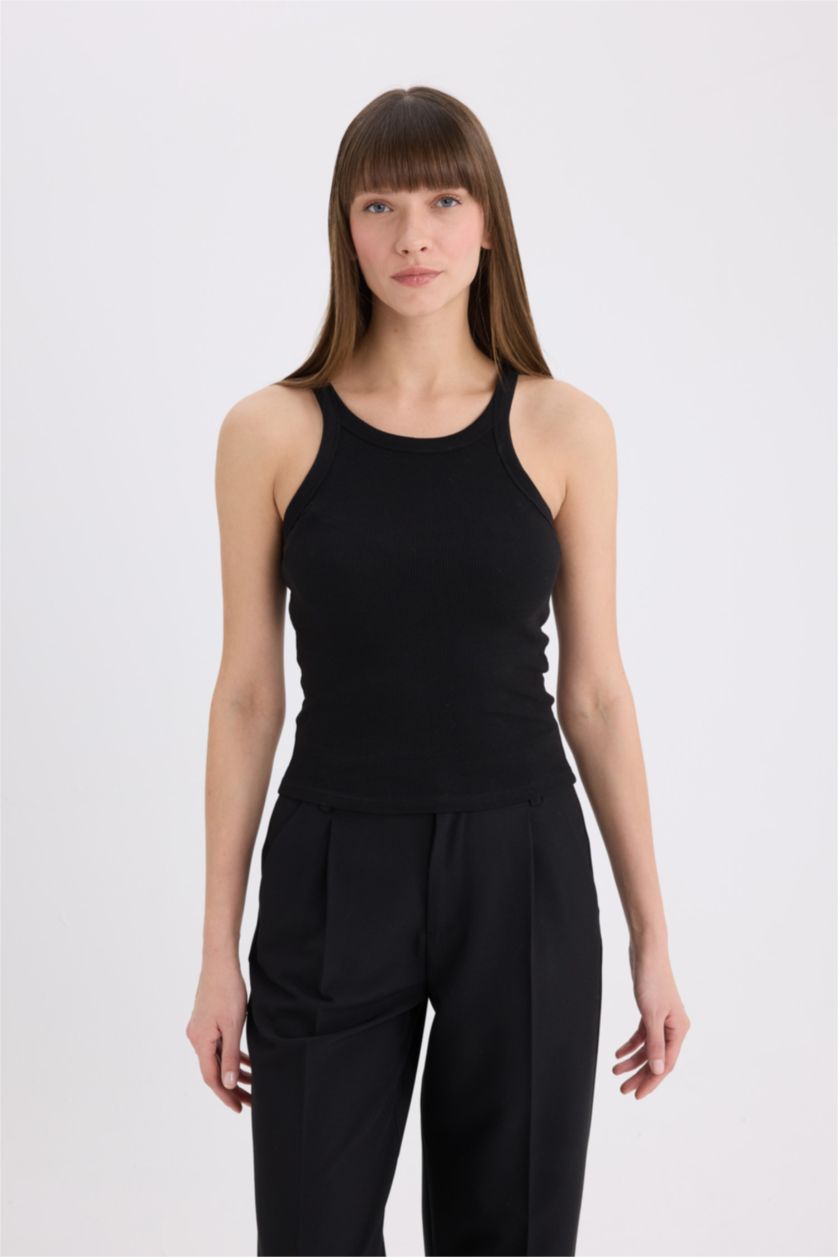 Kadın Siyah Slim Fit Dar Kesim Halter Yaka Basic Düz Fitilli Kaşkorse Atlet