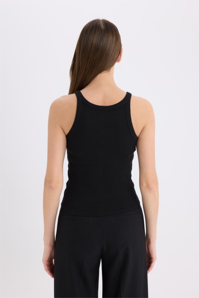 Kadın Siyah Slim Fit Dar Kesim Halter Yaka Basic Düz Fitilli Kaşkorse Atlet